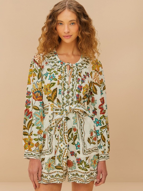 FARM Rio Pants - Off-White Botanicals Belted Romper